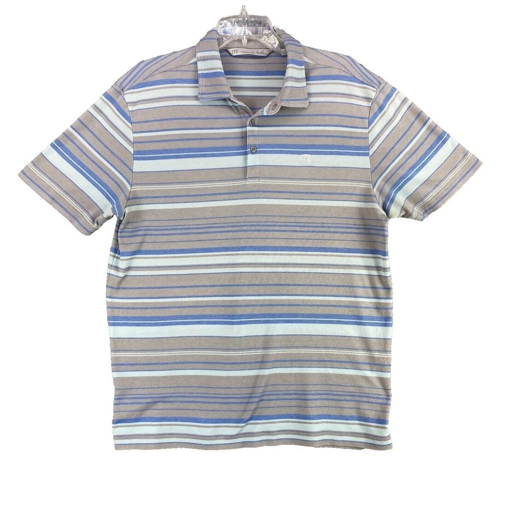 Travis Mathew Polo Shirt Men's Large Blue Stripes Knit Short Sleeves Golf Logo